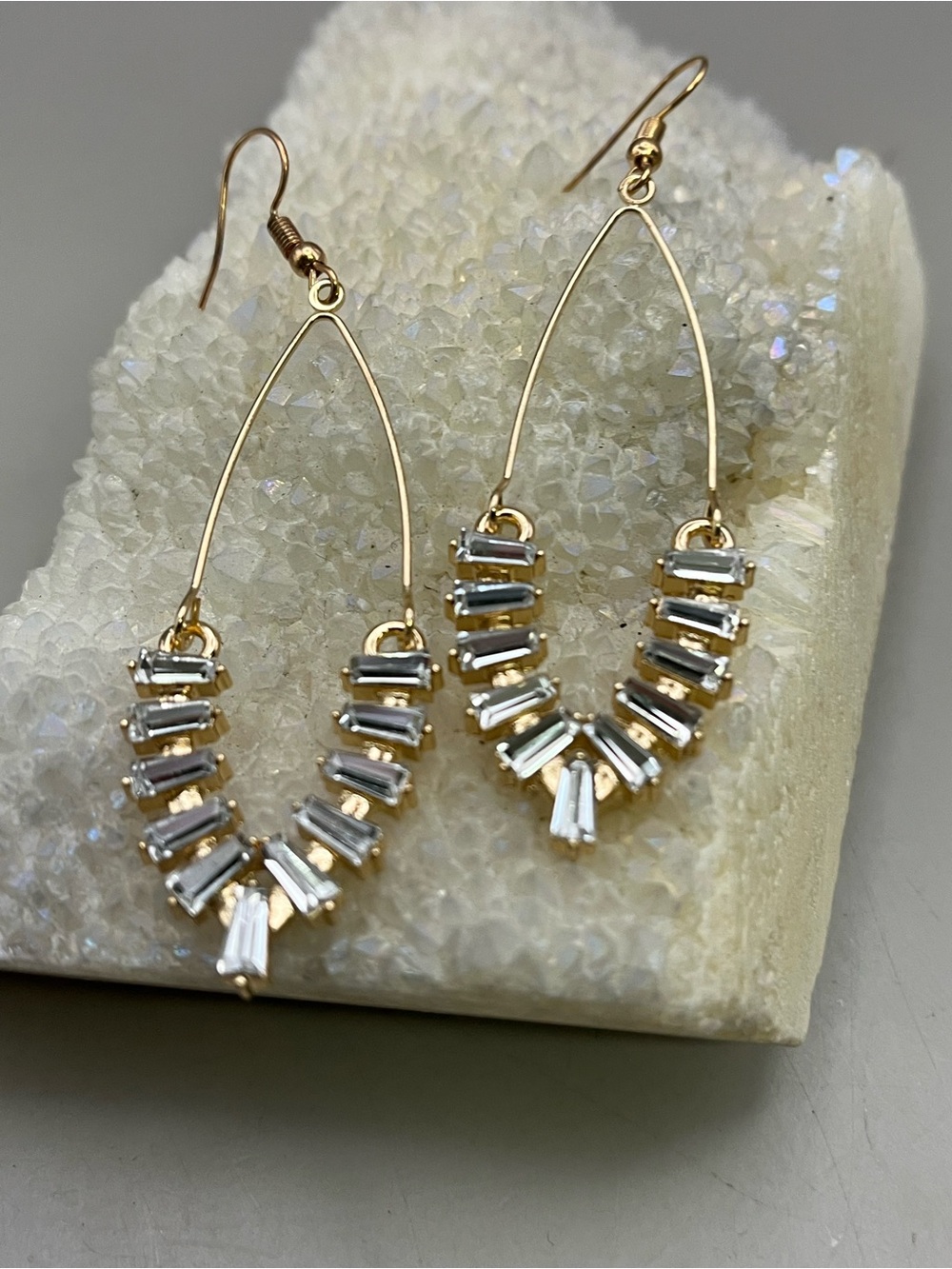 Gold Tone Baguette Crystal Teardrop Dangle Earrings Rhinestone Marquise